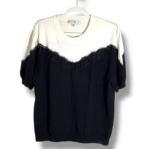 Milly Lace Inset Knit Black and White Pullover Sweater Size XL